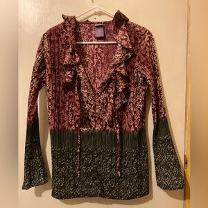 Laura Scott Floral Ruffled Blouse - Burgundy and Black
